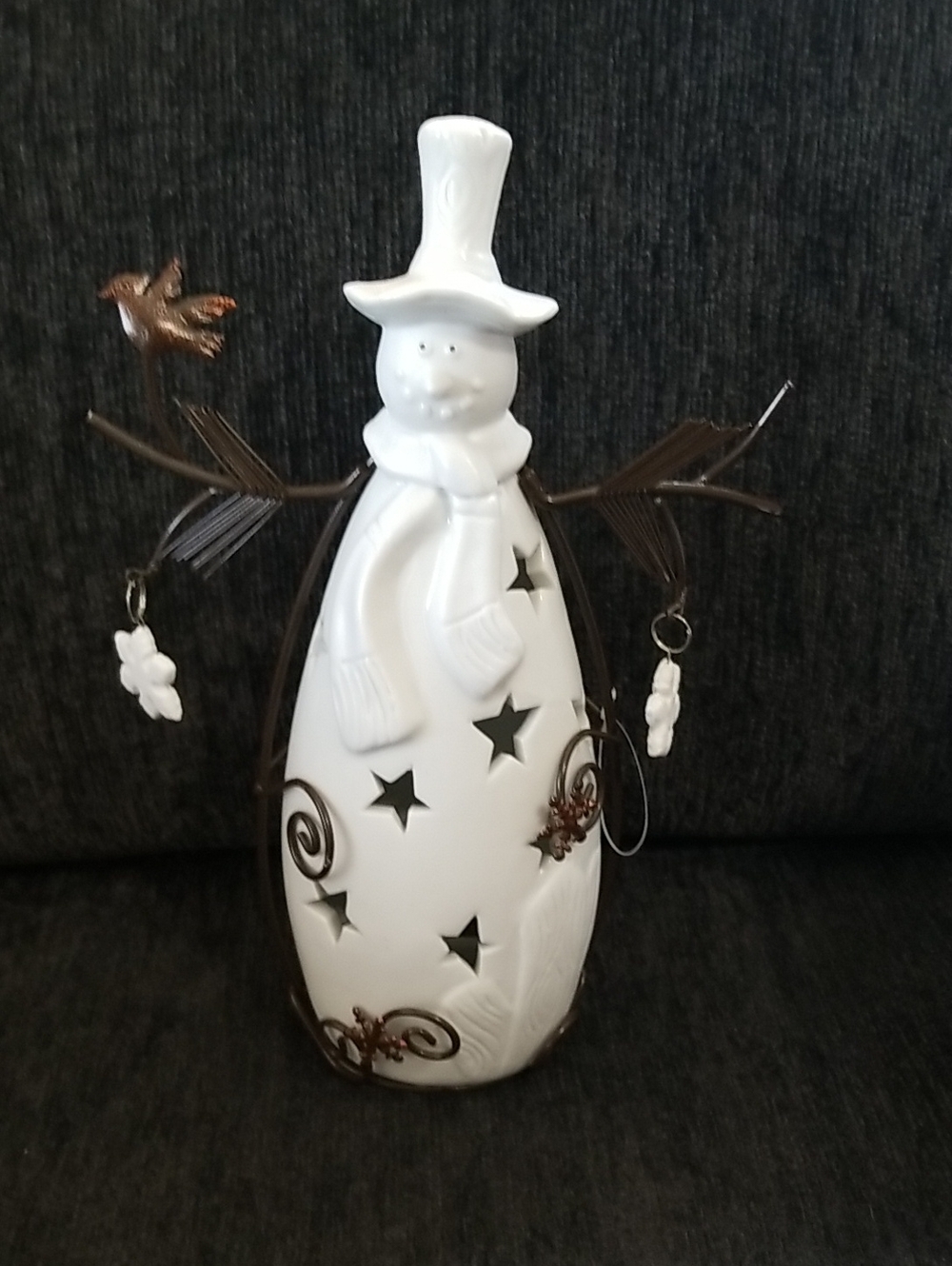 White Ceramic Snowman Tea Light Candle Holder Metal Twig Arms Snowflake Bird